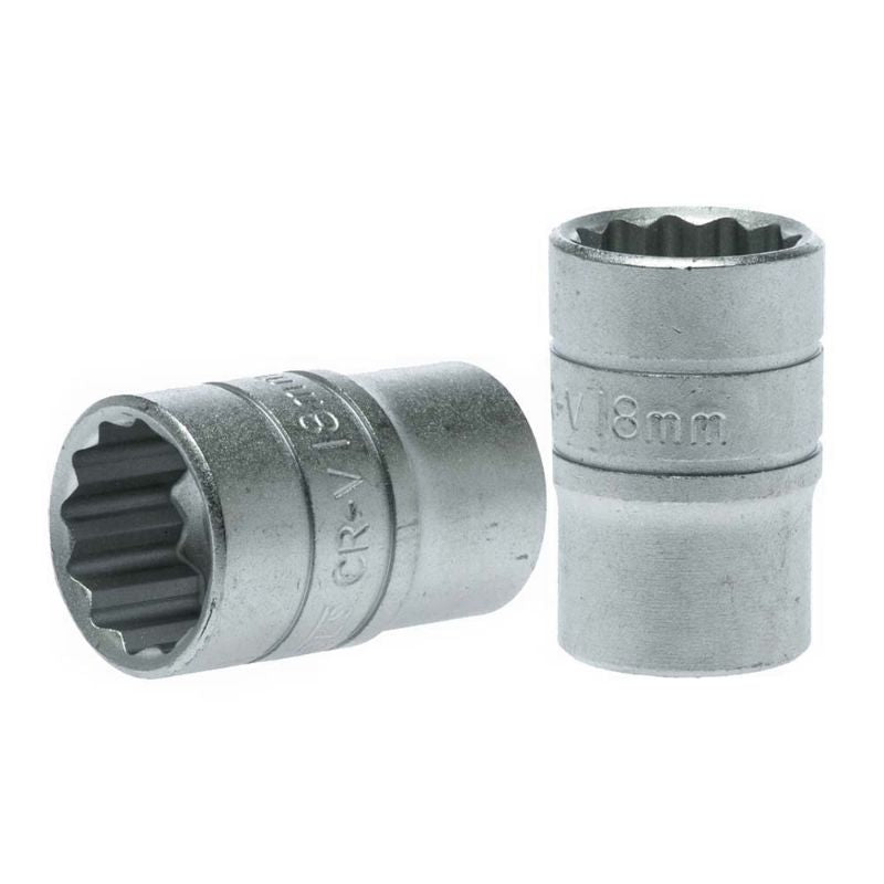 Teng 1/2-inch drive 18mm socket, crafted from chrome vanadium steel, featuring a durable 12-point design for precision grip.