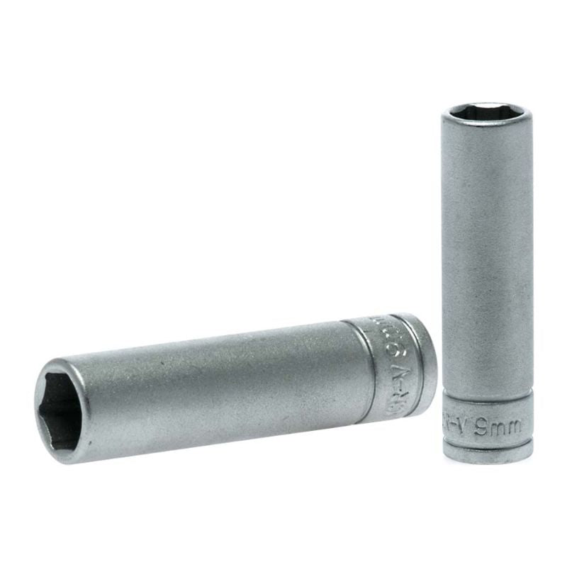 Teng 1/4in Dr. Deep Socket 9mm, made of chrome vanadium steel, designed for easy access to fasteners in tight spaces.