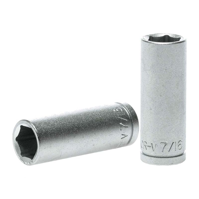 Teng 3/8in Drive Deep Socket 7/16in, crafted from chrome vanadium steel, designed for easy access to recessed nuts and bolts.