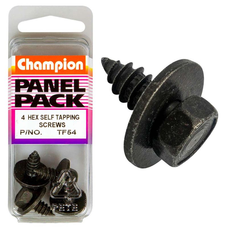 Champion 14G x 3/4in hex self-tapping set screws in a 4-pack, ideal for metal, wood, and plastic applications.