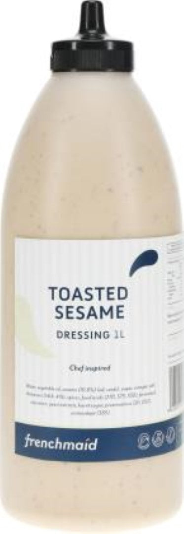 Creamy toasted sesame dressing in a 1L bottle, ideal for salads, marinades, and dips with savory soy flavor.