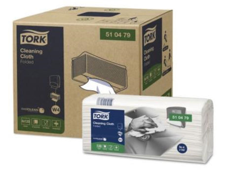 High absorbency Tork cleaning cloths, perfect for all surfaces; eco-friendly packaging made from recycled materials.