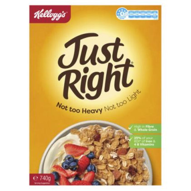 Kellogg's Just Right Original 740g cereal with whole grains, sultanas, and apricot pieces for a nutritious breakfast.