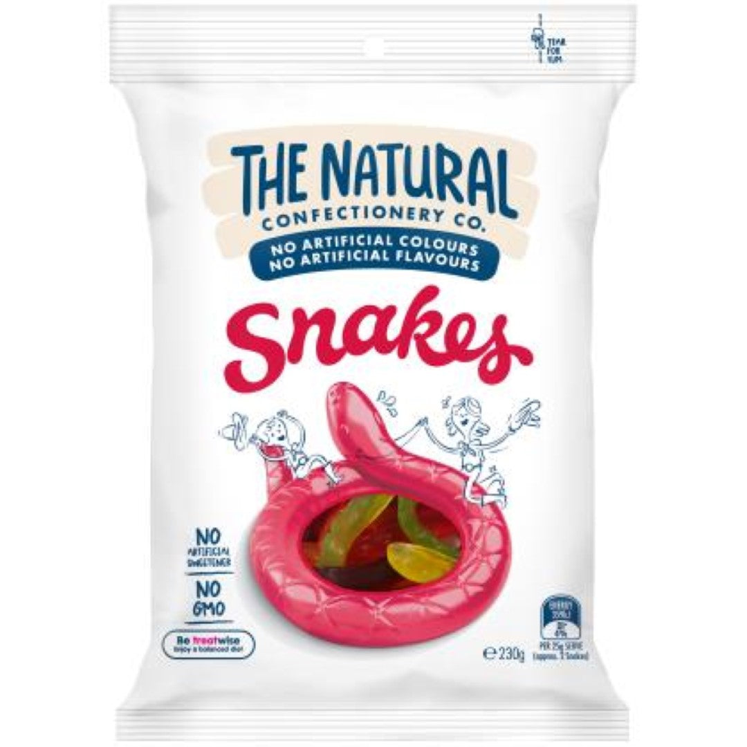 Colorful Lolly Snakes from The Natural Confectionery Co., made with real fruit flavors, 230g pack, no artificial ingredients.