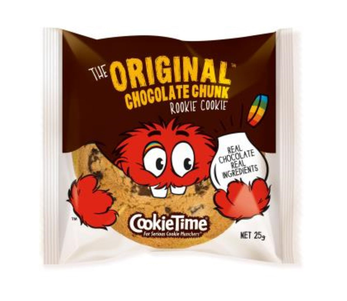 Individually wrapped Cookie Time Original Chocolate Chunk cookies, 20-pack, featuring real chocolate chunks for a delicious snack.