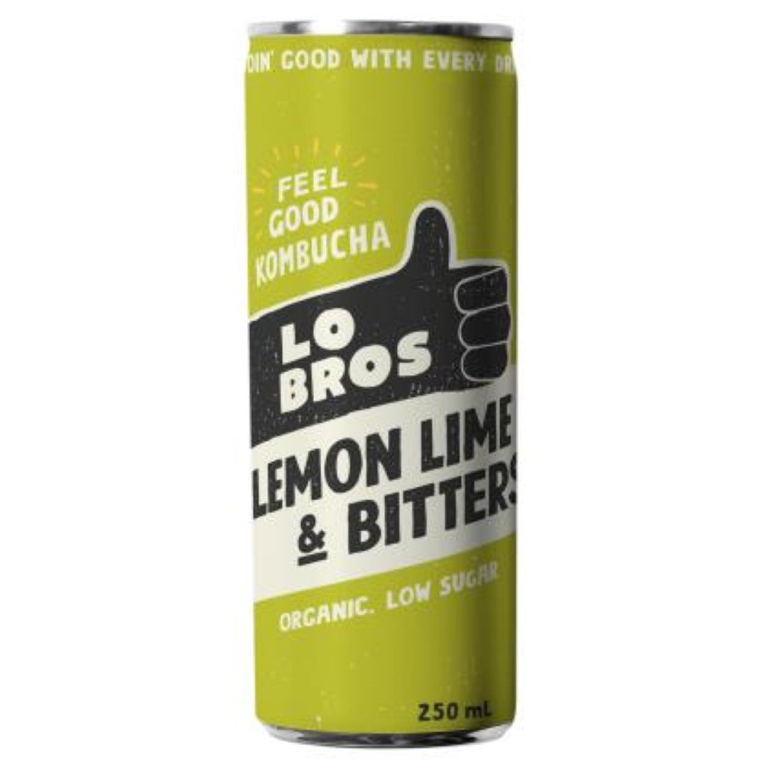 Refreshing Lo Bros Kombucha Lemon Lime Bitters 6-pack, featuring organic probiotics in zesty 250ml bottles.