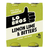 Organic Lo Bros Kombucha in lemon-lime bitters flavor, 250ml bottle, 6-pack for refreshing, probiotic-rich hydration.