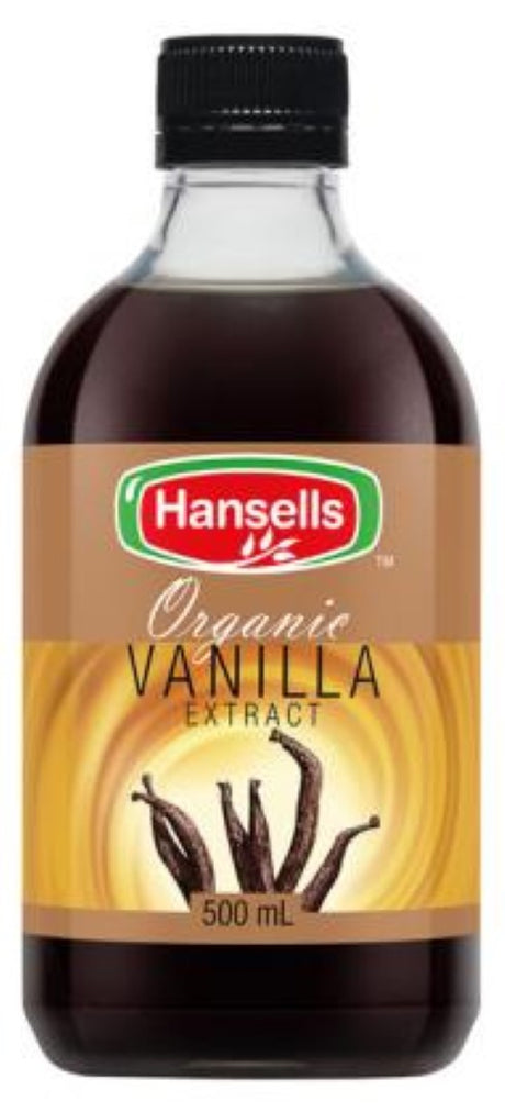 Pure organic vanilla extract in clear amber-brown, perfect for baking and beverages, 500ML bottle.