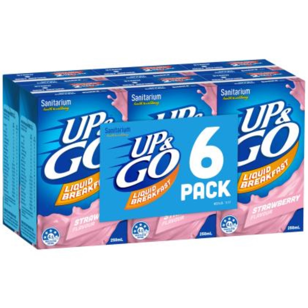 Strawberry-flavored Up & Go drink in 250ml packaging, perfect nutritious on-the-go supplement, 24 pack.