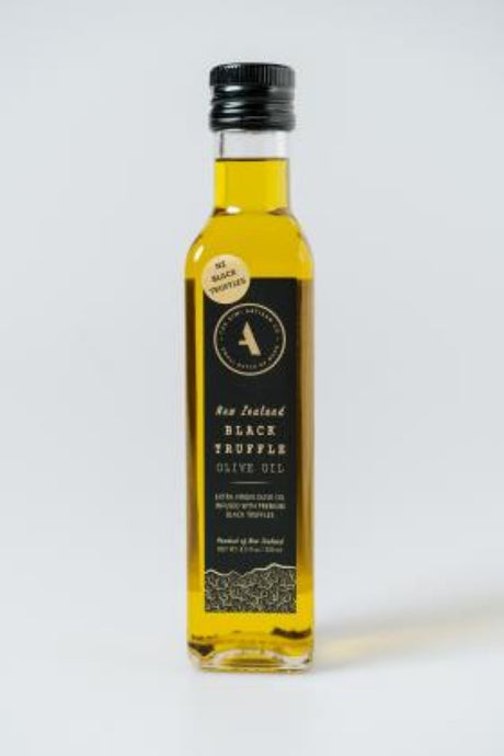 250ML bottle of Oil Truffle Black, featuring rich cold-pressed olive oil infused with premium black truffles from New Zealand.