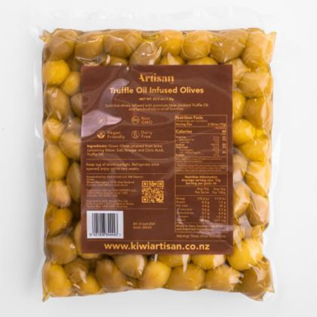 Green olives infused with premium New Zealand truffle oil, offering a luxurious flavor experience in a 1kg gourmet pack.