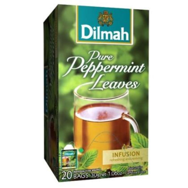 Dilmah Pure Peppermint Tea Bags in foil, offering 20 individually wrapped bags for a refreshing, minty experience.