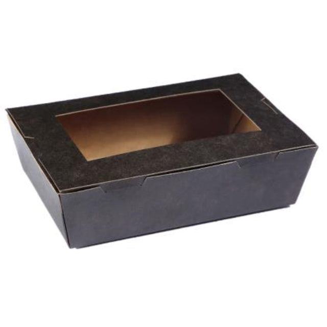 Black small cardboard box with a window, ideal for packaging treats and gifts, eco-friendly, 50-piece set from Detpak.