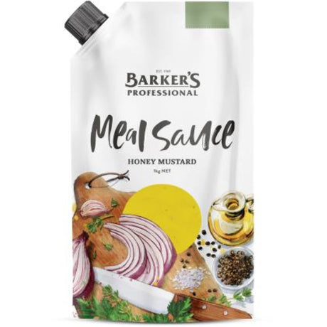 Barkers 1kg honey mustard sauce, perfect for dressings, marinades, and dips, offering sweet and tangy flavor in a gluten-free option.