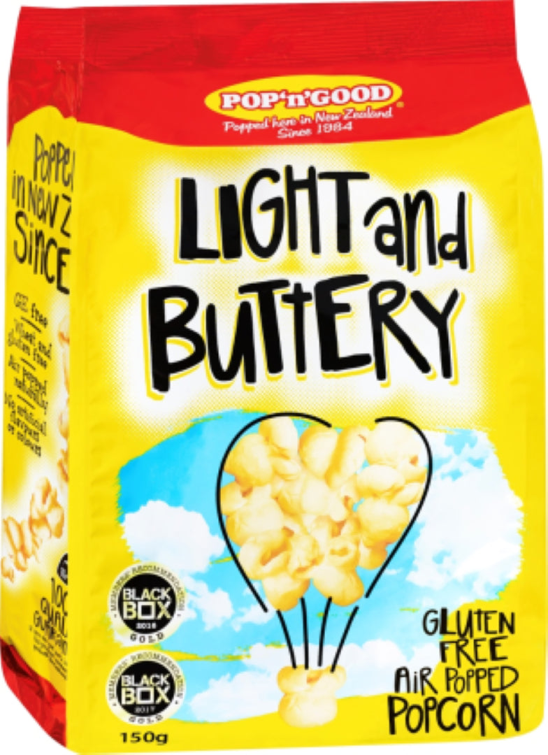 Light and buttery popcorn in a 150g pack, perfect for snacking, movie nights, and parties.