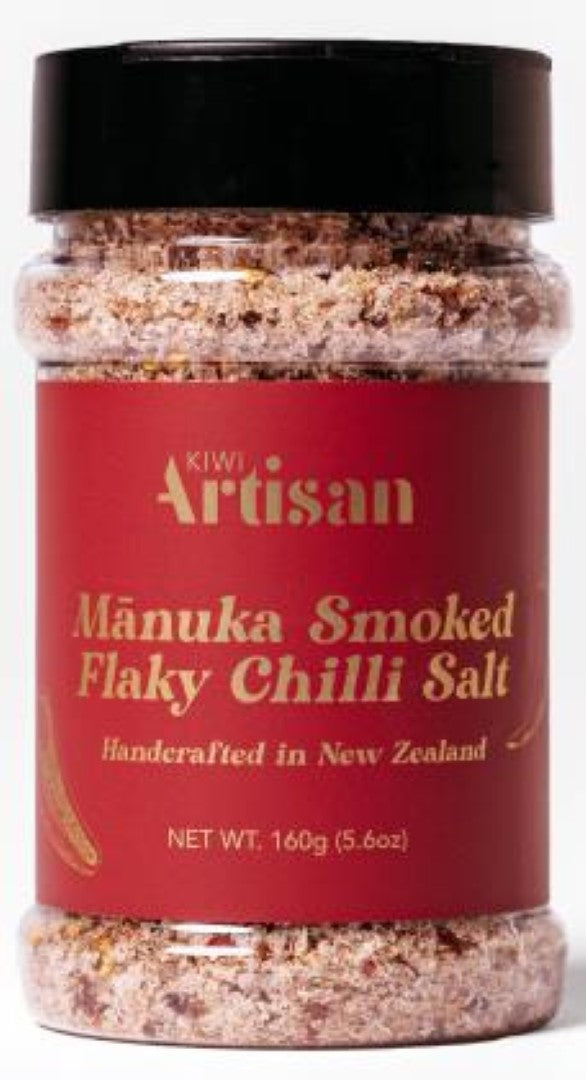 Manuka smoked chilli salt blend with organic sea salt, paprika, and jalapeno for bold, smoky flavor enhancement.