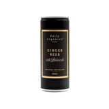 Cans of Daily Organics Ginger Beer with Botanicals, refreshing non-alcoholic drink in a 12-pack.