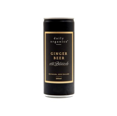 Cans of Daily Organics Ginger Beer with Botanicals, refreshing non-alcoholic drink in a 12-pack.