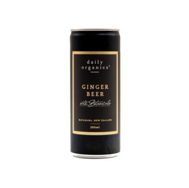 Cans of Daily Organics Ginger Beer with Botanicals, refreshing non-alcoholic drink in a 12-pack.