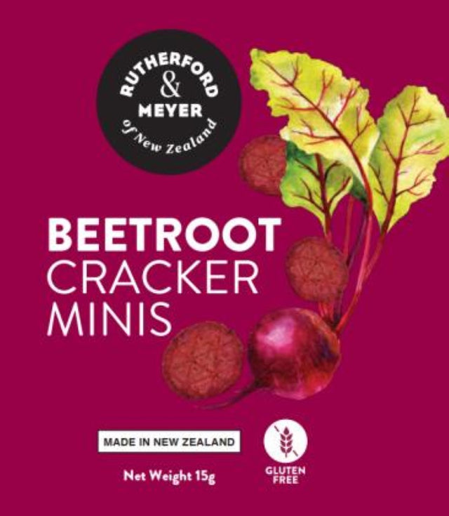 Individual 15g beetroot mini crackers, 100 units per case, perfect for healthy school snacks.