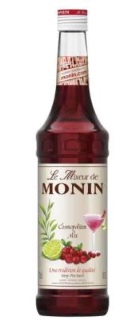 Monin's 700ML Syrup Cosmopolitan Mix, a pink cocktail mixer for crafting classic Cosmopolitan drinks effortlessly.