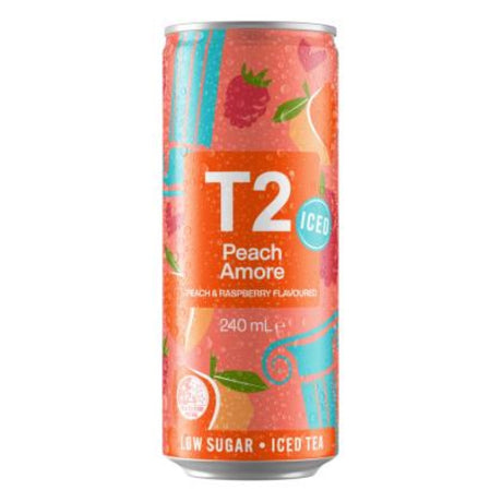 24 cans of T2 Peach Amore iced tea, 240ml each, featuring sweet peach flavors and refreshing tea essence.