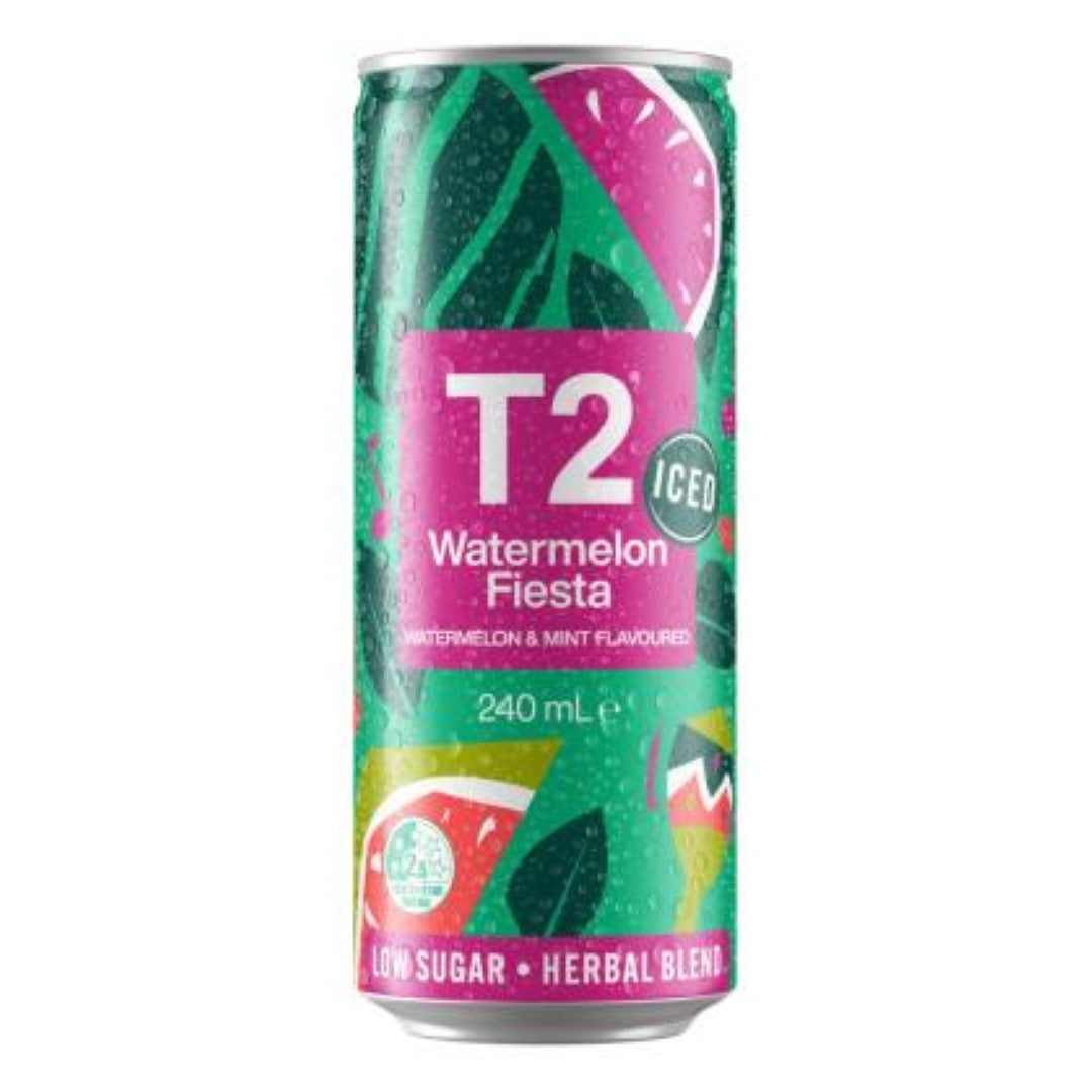 Refreshing Iced Tea Watermelon Fiesta RTD Can by T2, featuring sweet watermelon and tea in a 240ml can, perfect for on-the-go enjoyment.