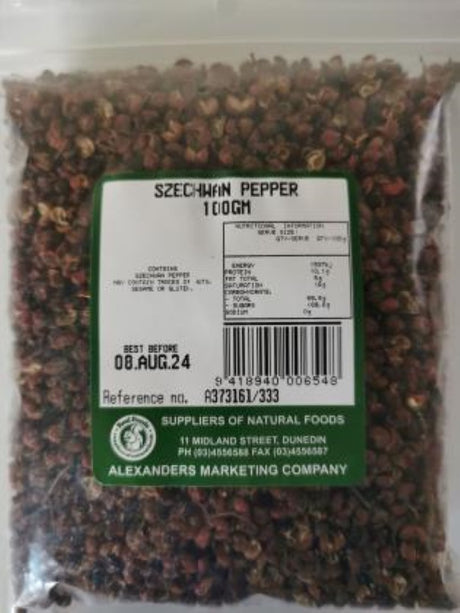 Crushed Szechuan peppercorns in a 100g jar, adding bold heat and citrusy flavor to dishes like stir-fries and noodles.