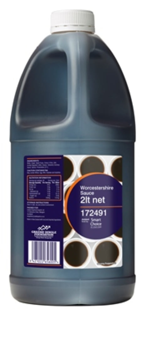 Large 2L bottle of Smart Choice Worcestershire Sauce, a versatile flavor enhancer for marinating, stews, and dressings.