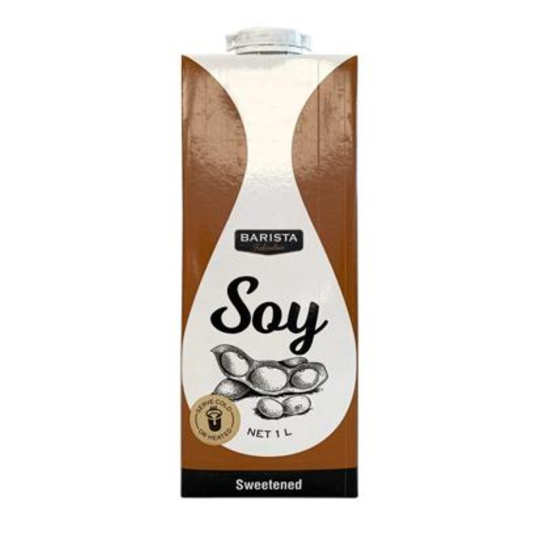 Creamy 1L Milk Soy Sweetened by Barista Federation, enriched with calcium and vitamins, perfect for dairy-free coffee drinks.