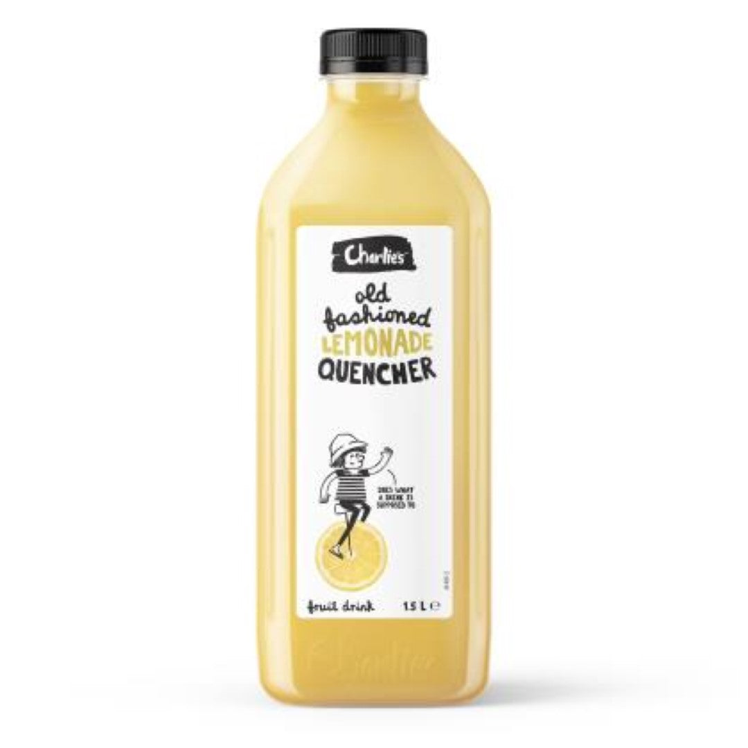 8-pack of Charlie's Quencher Lemonade bottles, each 1.5L, made with real lemons for refreshing hydration.