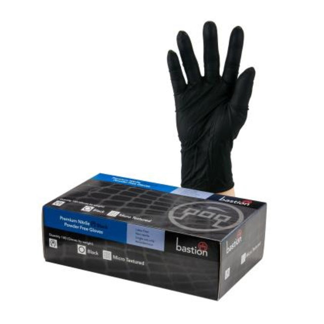 Black nitrile gloves by Bastion, powder-free, large size, chemical-resistant, and stain-resistant (100PC).