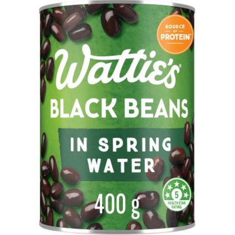 Black beans in springwater by Wattie's, 400g, ideal for salads, stews, and soups, packed with nutrients.