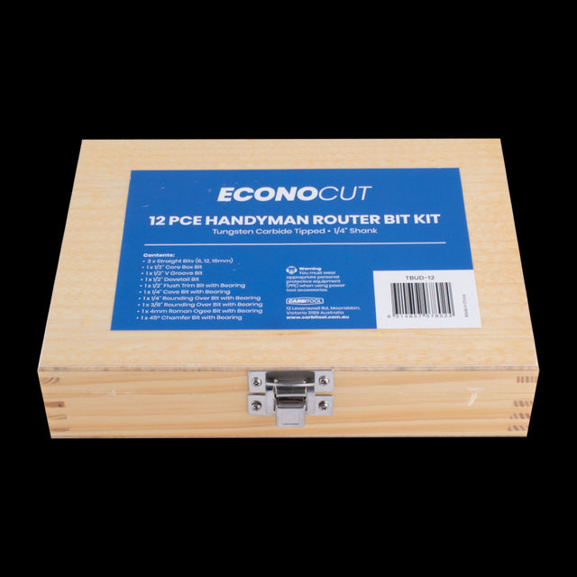 ECONOCUT 12pc Router Bit Kit showcasing tungsten carbide bits in a wooden case, designed for safe and precise woodworking.