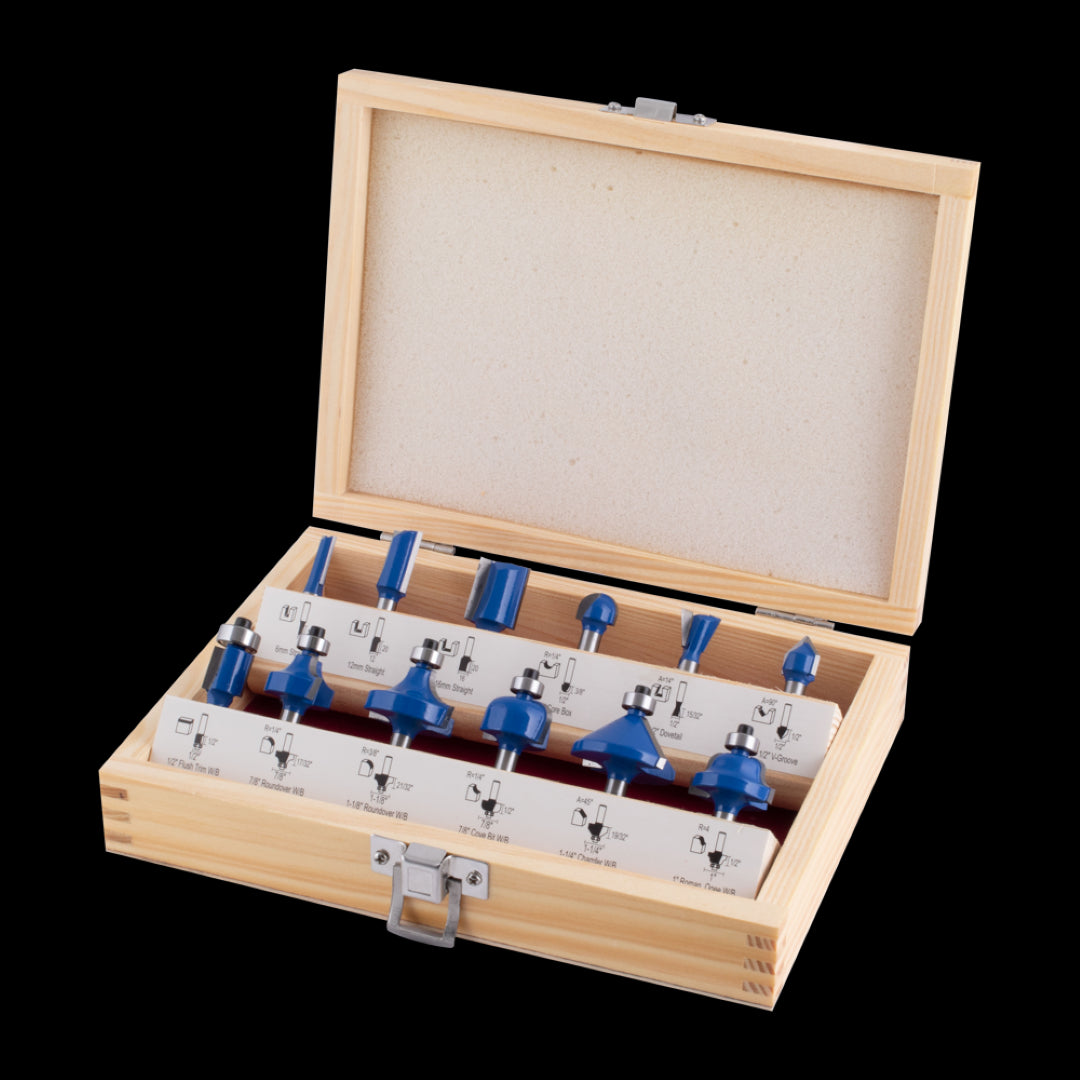 ECONOCUT Handyman Router Bit Kit with 12 tungsten carbide bits in wooden box, ideal for precision woodworking and DIY projects.