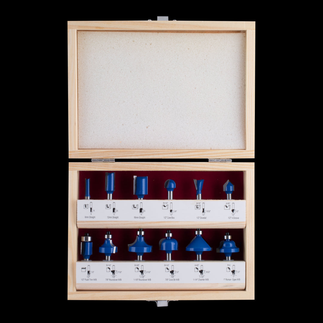 ECONOCUT 12pc Router Bit Kit in wooden box, featuring tungsten carbide bits, anti-kickback design, and rotating holder for DIY projects.