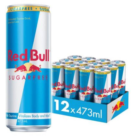 "12-pack of Red Bull Sugar Free cans (473ml) offers energizing taste without calories, ideal for active lifestyles."