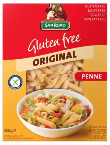 Gluten-free penne pasta from San Remo, 350g pack, perfect for healthy meals and those with gluten sensitivities.