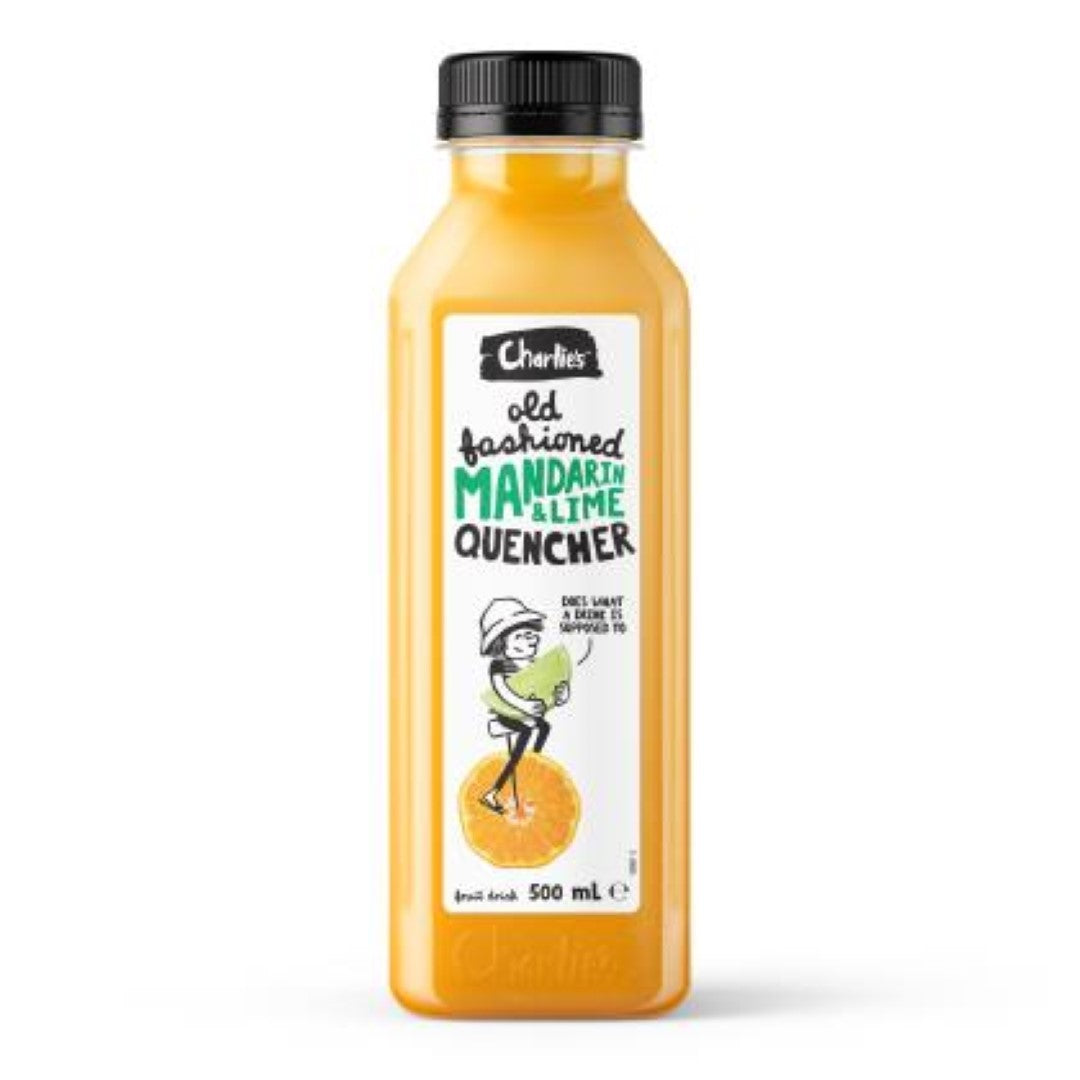 Twelve 500ml bottles of Charlie's Quencher Mandarin & Lime, a refreshing fizzy drink bursting with citrus flavor.