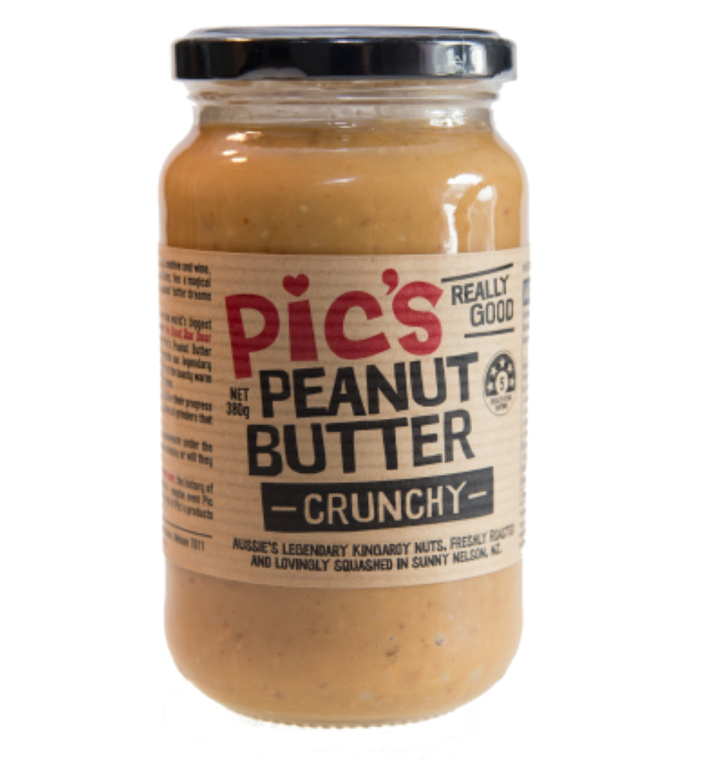 Crunchy Original Peanut Butter by Pic's in a 380g jar, made from freshly roasted NZ peanuts for a rich, nutty flavor.