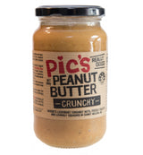 Crunchy Original Peanut Butter by Pic's in a 380g jar, made from freshly roasted NZ peanuts for a rich, nutty flavor.