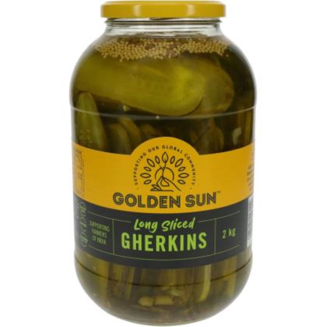 Tangy Golden Sun long sliced gherkins in 2KG pack, ideal for salads, sandwiches, and snacking.