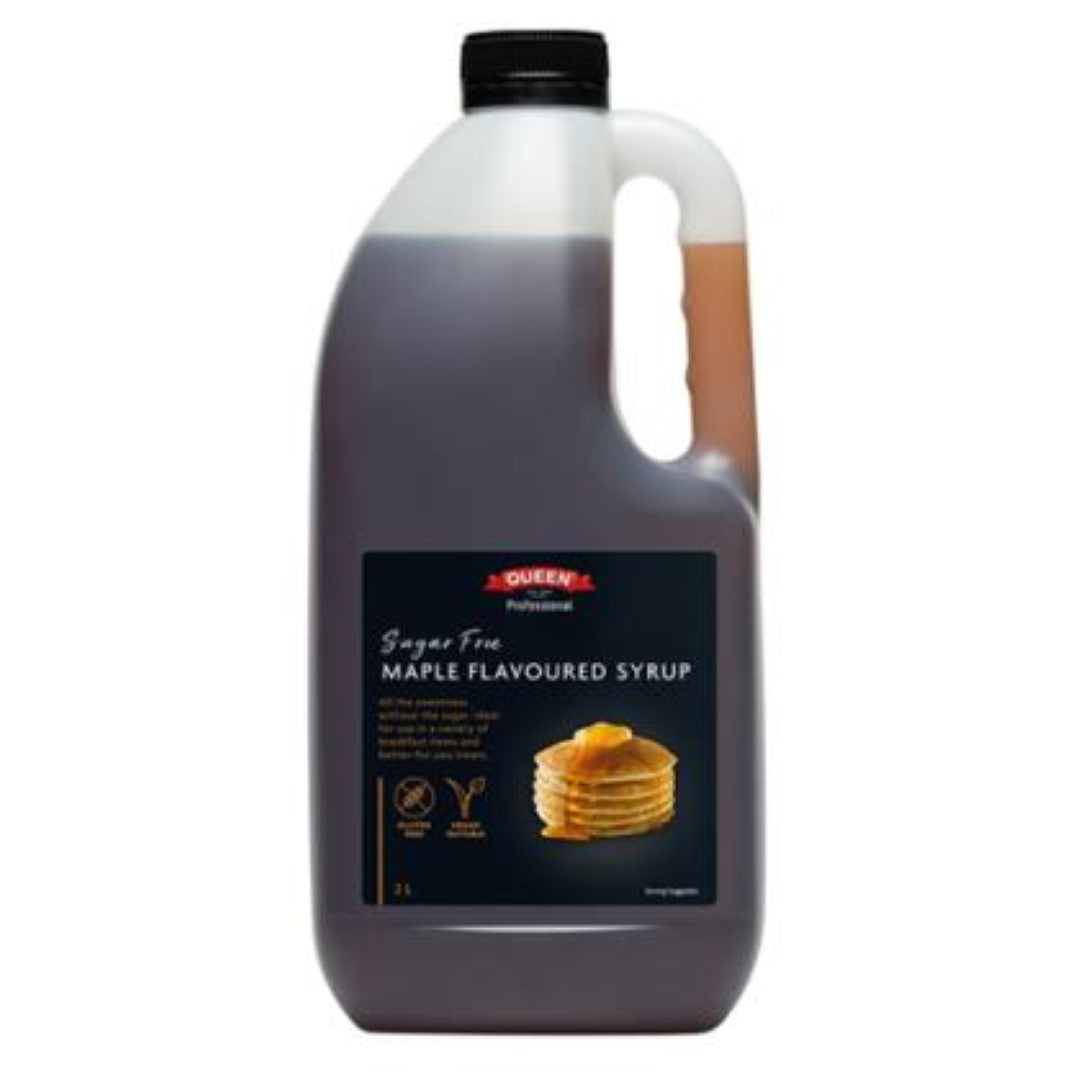 Sugar-free maple syrup in a 2L bottle, perfect for drizzling on pancakes and desserts with rich, authentic flavor.