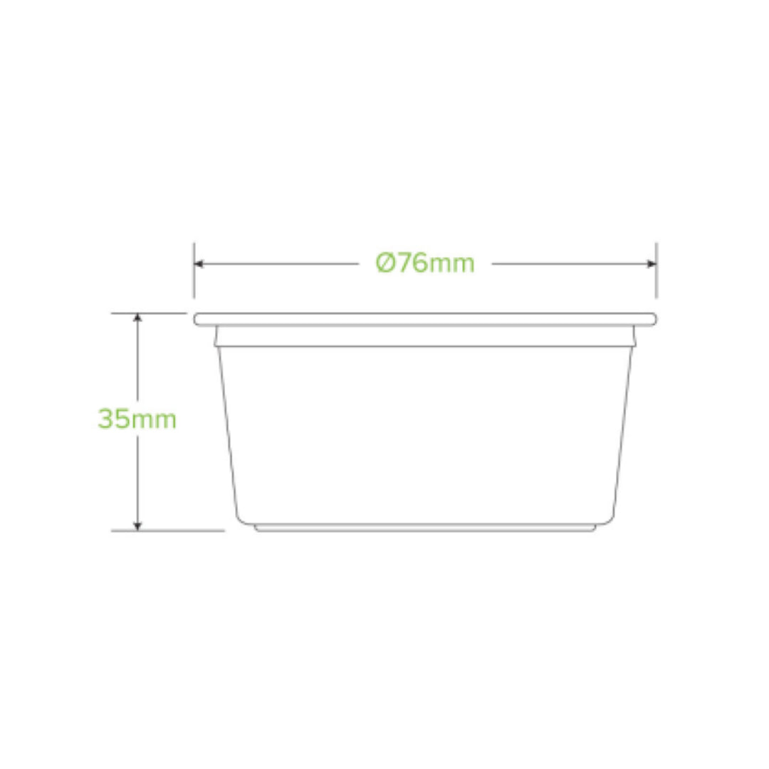 Clear 90ml biodegradable sauce cups from Biopak, ideal for eco-friendly serving of sauces and dips; pack of 50.