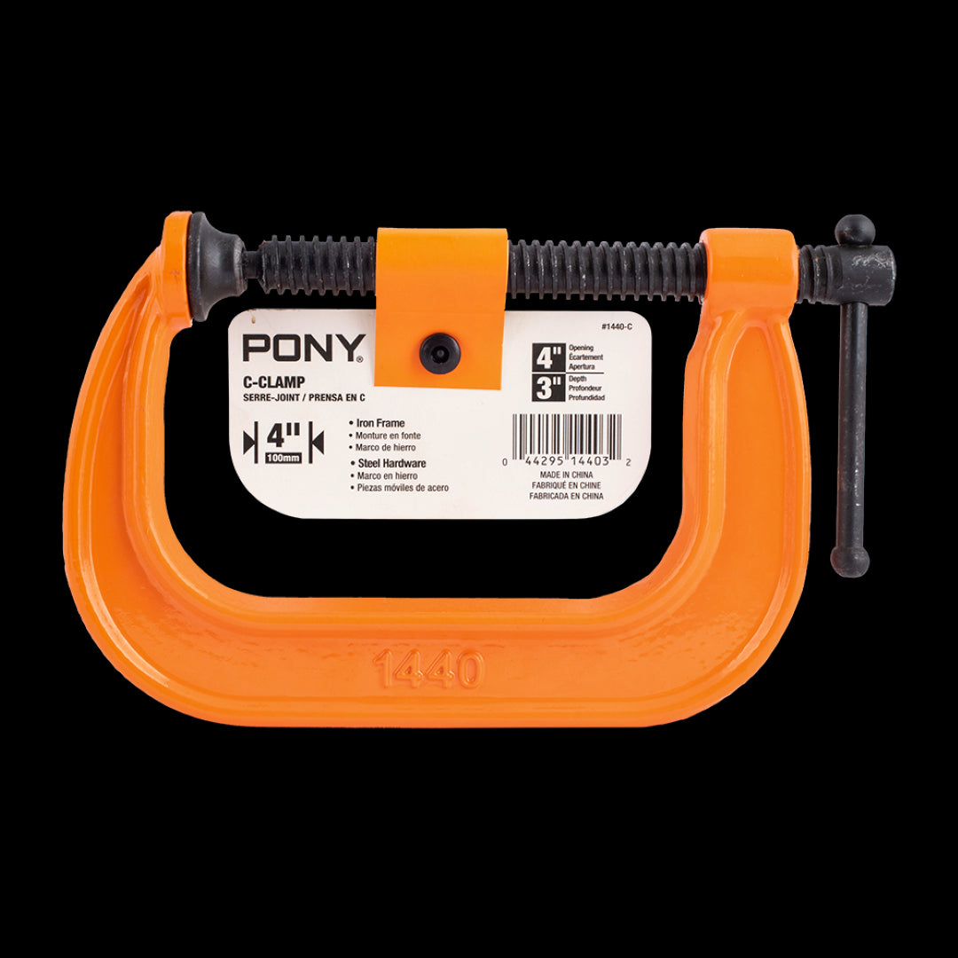 Lightweight PONY JORGENSEN 100mm C-Clamp in black and orange, crafted from ductile iron for strength, with a clamping force of 544kg.