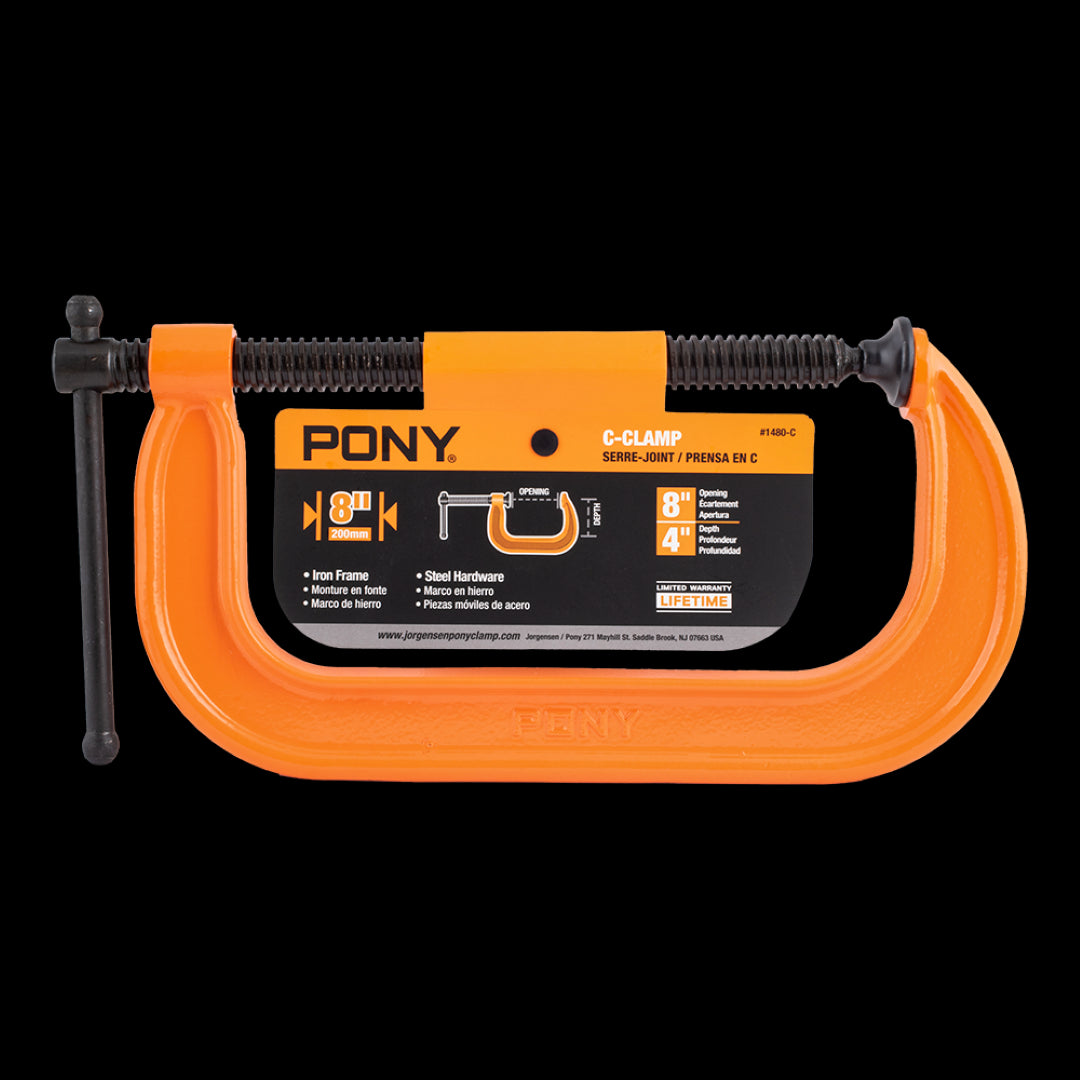 PONY JORGENSEN 200mm C-Clamp in orange, featuring durable ductile iron construction and 544kg clamping force for versatile tasks.