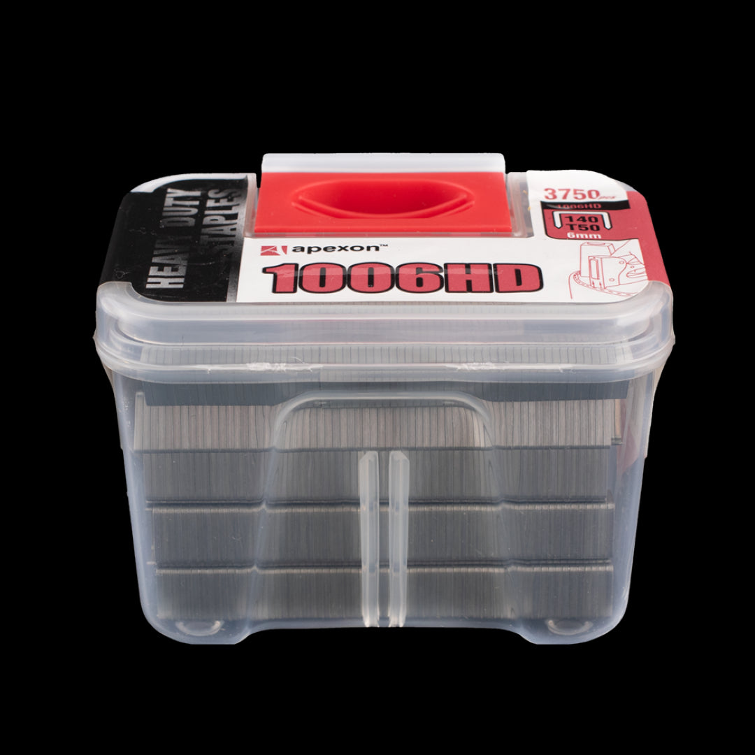 APEXON 6mm heavy-duty staples in a plastic case, includes 3750 durable staples for efficient stapling tasks.