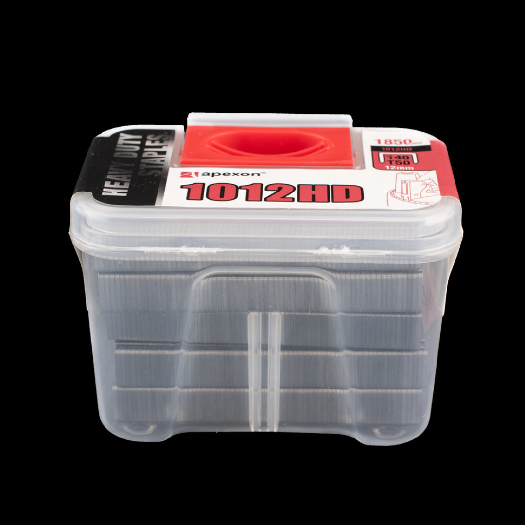 APEXON 12mm Staples in a sturdy case, designed for heavy-duty stapling with 1850 durable zinc galvanized staples.