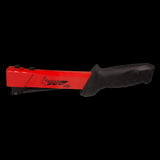APEXON Heavy Duty Hammer Tacker in red, featuring all-steel construction, ergonomic handle, and bottom-loading staple mechanism.