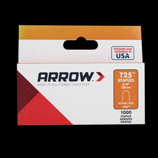 ARROW T25 10mm Staples, heavy-duty steel round crown staples for securing cables without damage, pack of 1000.